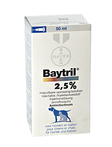 Baytril 2,5% injectie hond en kat 50 ml