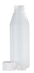 Plastic fles met dop en inzetstuk, 100 ml.