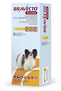 Bravecto Tri Uno 1x6 tabl. zeer kl. hond 2,5-5 kg